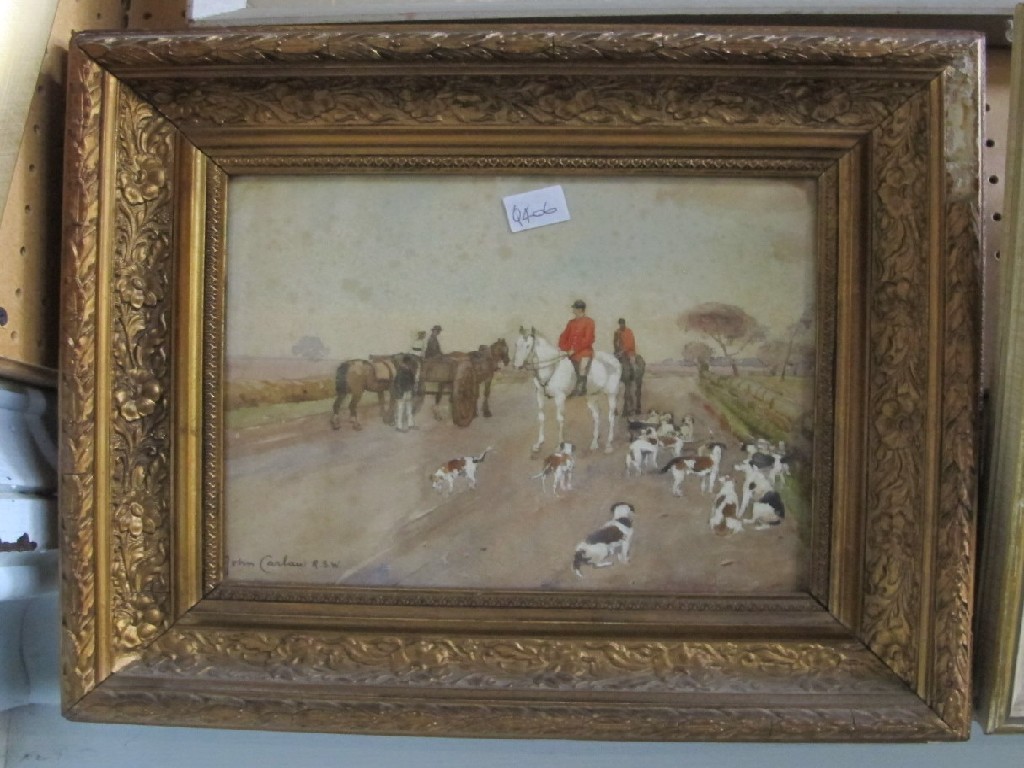 Appraisal: JOHN CARLAW RSW Watercolour of huntsmen on a country road