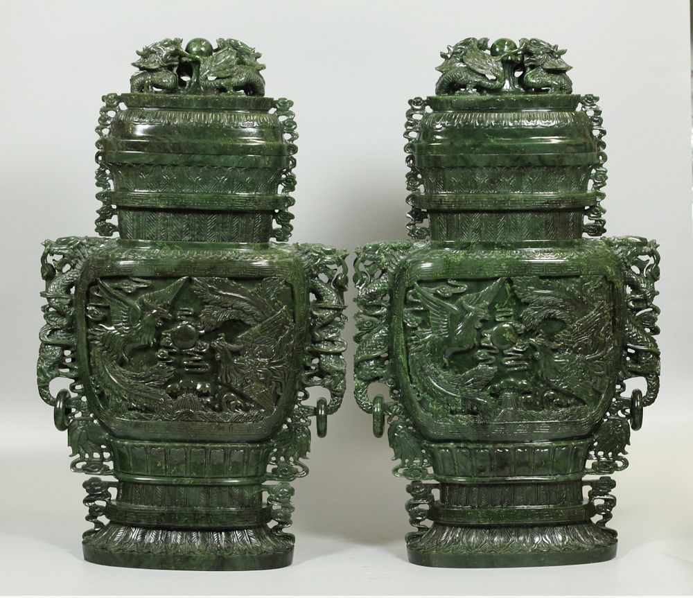 Appraisal: pair of Chinese spinach jade cover vases each in H