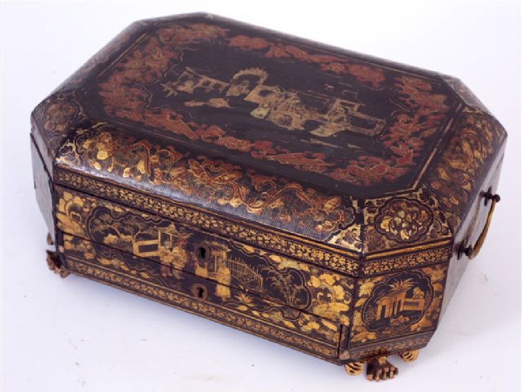 Appraisal: CHINESE BLACK LACQUER SEWING BOX th CENTURY of canted rectangular