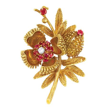 Appraisal: Gold Ruby and Diamond Flower Brooch Estimate -