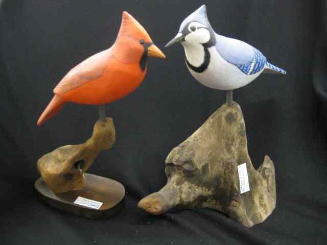 Appraisal: Crossman Carved Painted Wooden Birds Cardinial bluejay signed by Gary