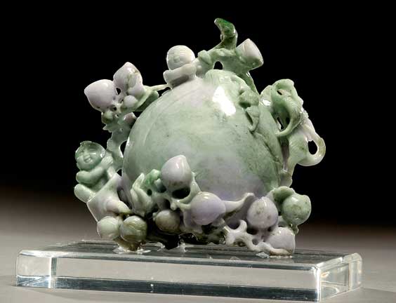 Appraisal: LAVENDER JADEITE PEACH AND BOYS Finely carved Chinese jadeite model