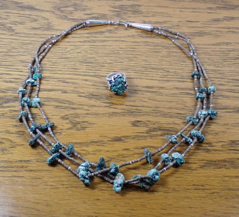 Appraisal: VINTAGE TURQUOISE NUGGET AND HEISHE SHELL BEAD NECKLACE WITH RING