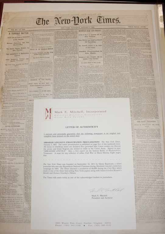 Appraisal: Historic Newspaper Emancipation Proclamation The New-York Times January containing full