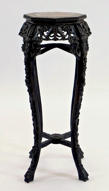 Appraisal: C Chinese Carved Wood Marble Plant Stand China th Century