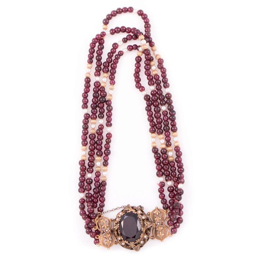 Appraisal: Gem-set gold and silver -strand necklace with garnet cultured pearl