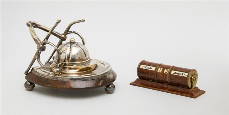 Appraisal: ENGLISH SILVER-PLATED AND OAK INKSTAND AND AN ALLIGATOR-CLAD PERPETUAL CALENDAR