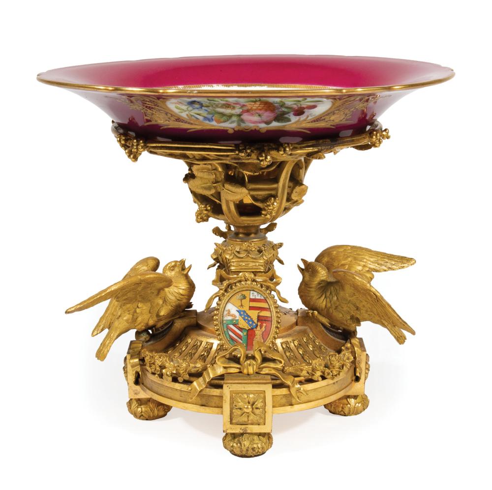 Appraisal: French Porcelain and Gilt Bronze Centerpiece c puce ground plate