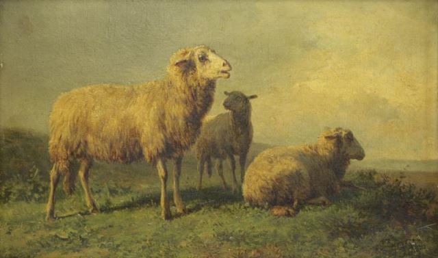 Appraisal: TOM Jan Oil on Wood Panel Sheep in Landscape Signed