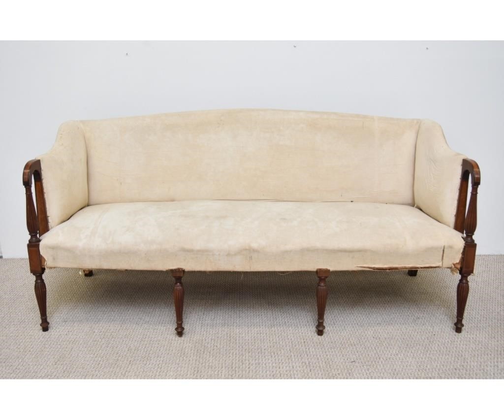 Appraisal: Boston Sheraton mahogany sofa circa with inlaid birch arm supports