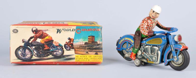 Appraisal: Japanese Tin Litho World Champion Motorcycle Toy Battery-operated Comes in