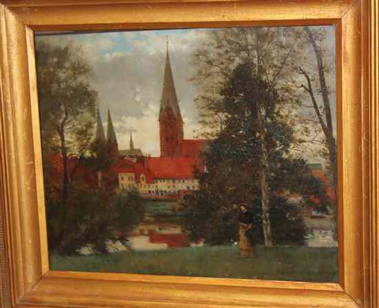 Appraisal: Cyrus Johnson - oil on board Continental town scene with