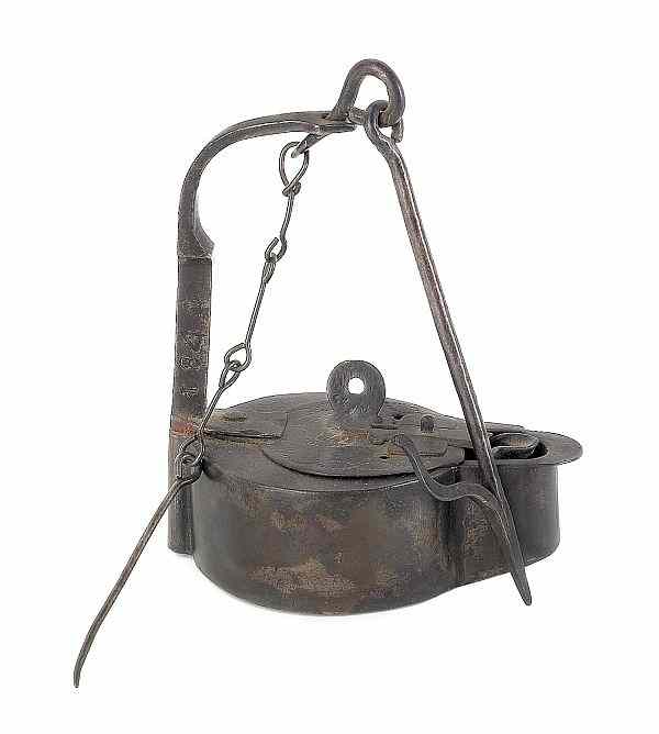 Appraisal: Pennsylvania wrought iron fat lamp dated initialed JS the lid