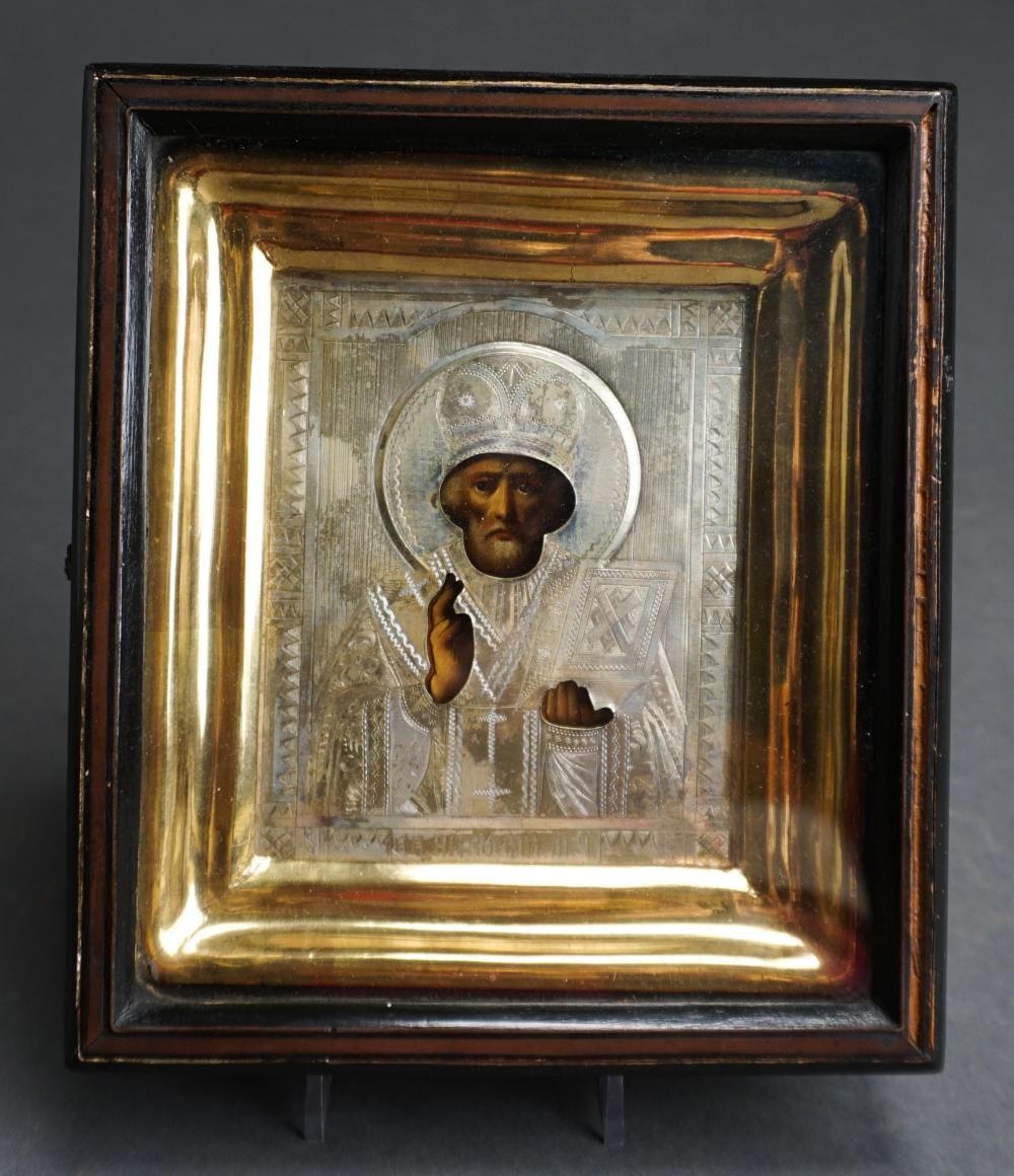 Appraisal: Russian Gilt Silver Plate Mounted Icon of St Nicholas in