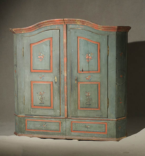 Appraisal: Swiss Painted and Decorated Pine Shrank Dated Having a teal-blue