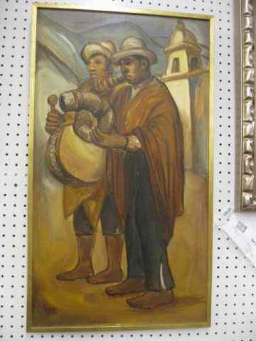 Appraisal: Vesarano Oil Two Musicians in town label on reverse from