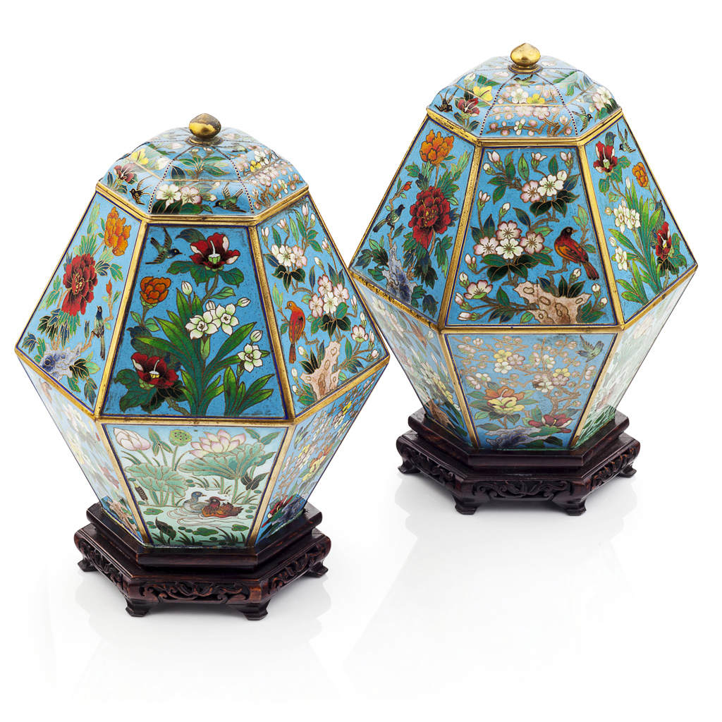 Appraisal: PAIR OF CLOISONNE VASES AND COVERS LATE QING DYNASTY EARLY