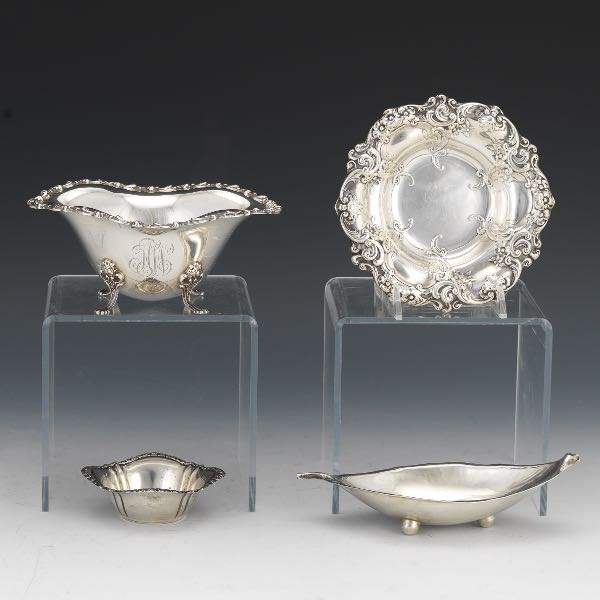 Appraisal: FOUR STERLING TABLE DISHES One silver bowl with rose border