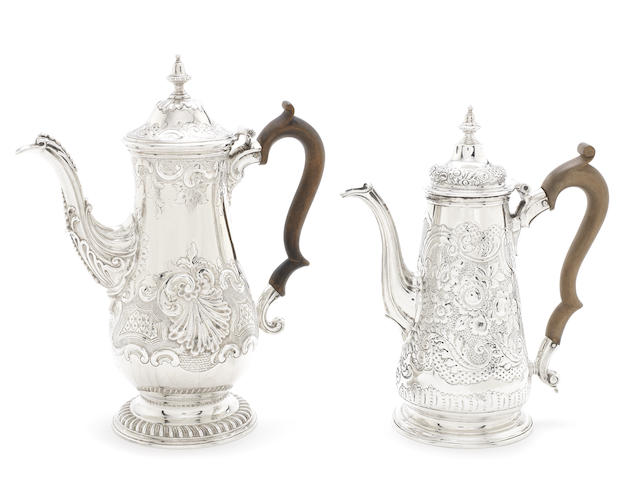 Appraisal: Two silver coffee pots one by Ayme Videau London the