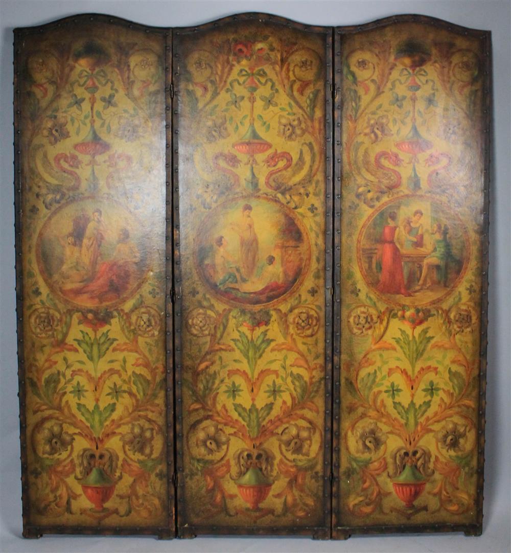 Appraisal: CLASSICAL STYLE THREE PANEL PAINTED LEATHER FOLDING SCREEN each leather