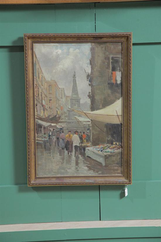 Appraisal: PAINTING OF A EUROPEAN MARKET Oil on canvas bustling market