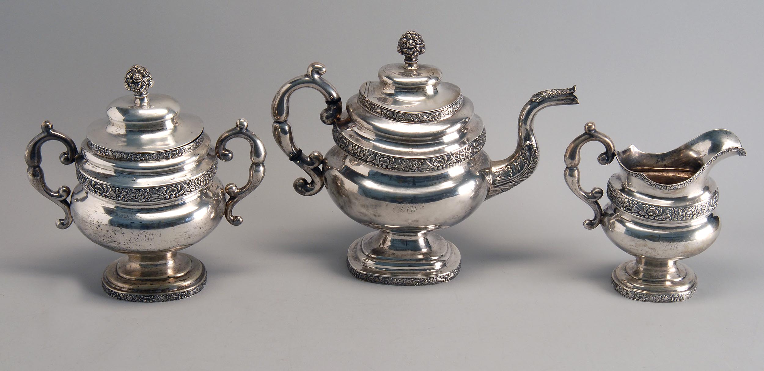 Appraisal: ASSEMBLED AMERICAN SILVER TEA SET By various makers With embossed