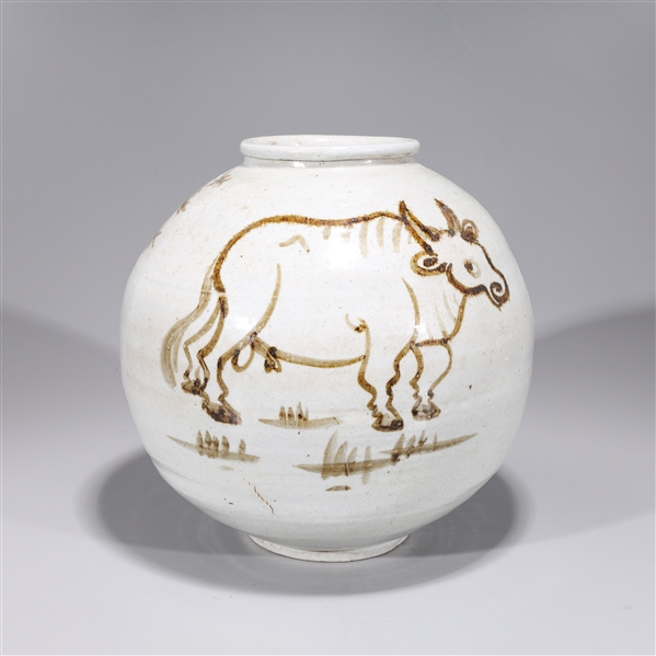 Appraisal: Large Korean glazed ceramic jar with bull and trees H