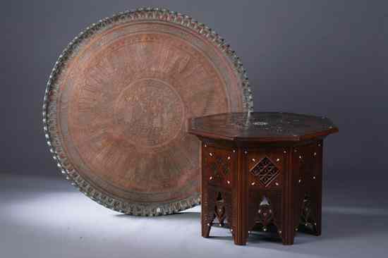 Appraisal: ISLAMIC TINNED-COPPER TRAY AND MOTHER-OF-PEARL INLAID WOOD STAND - in