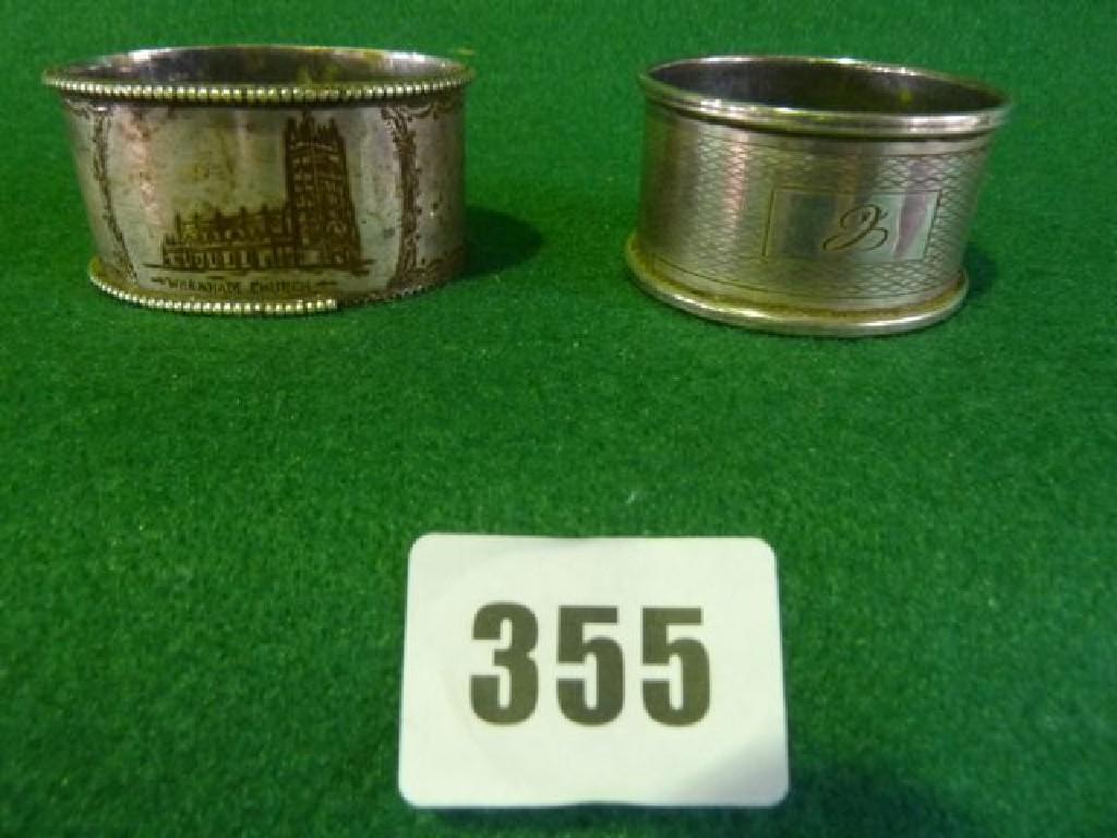 Appraisal: Two silver napkin rings one engraved with Wrexham Church hallmarks