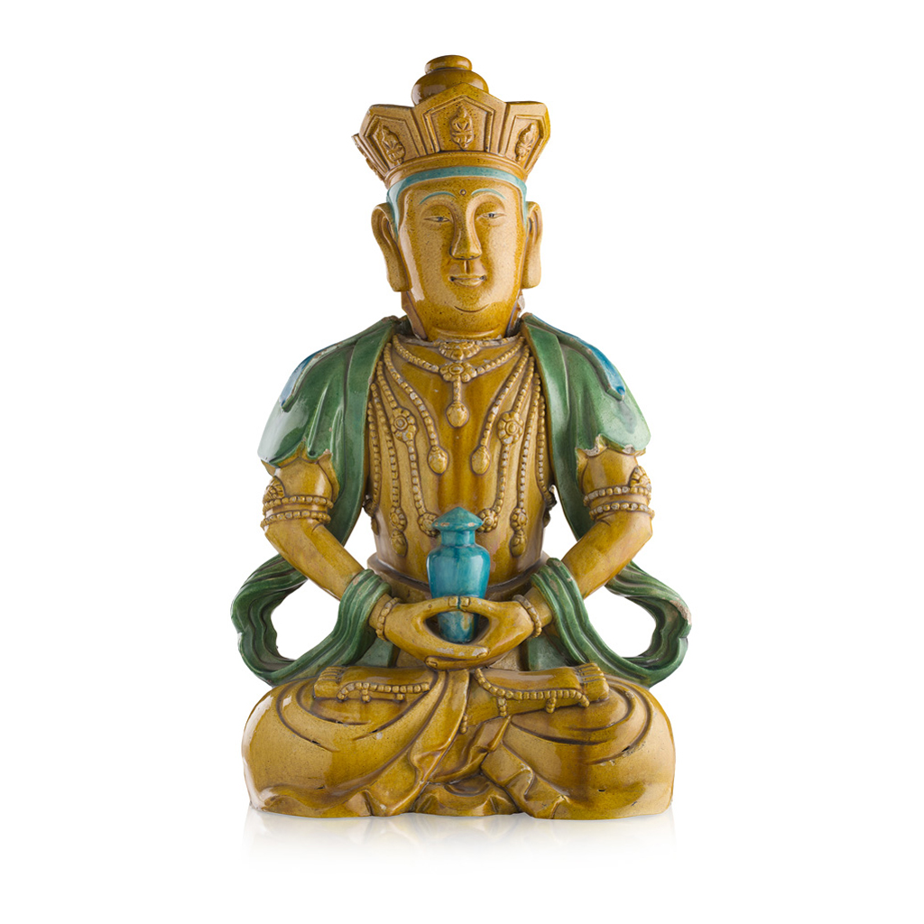 Appraisal: EGG AND SPINACH GLAZED FIGURE OF MAHAVAIROCANA MING DYNASTY the