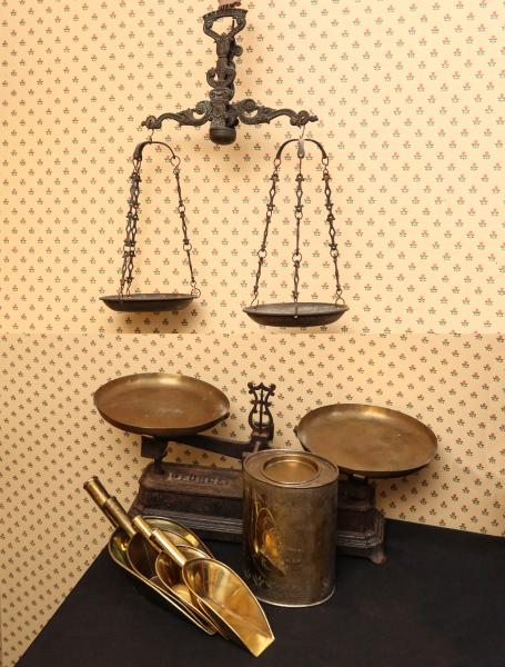 Appraisal: TWO ANTIQUE SCALES FOUR BRASS SCOOPS MOREONSITE AUCTION This on-site