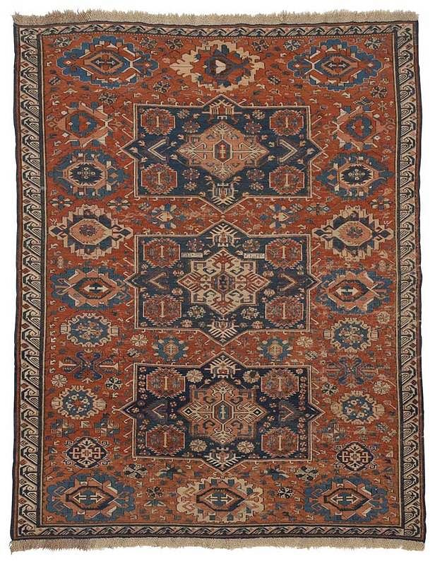 Appraisal: Soumak Woven Rug dated circa s three medallions red field