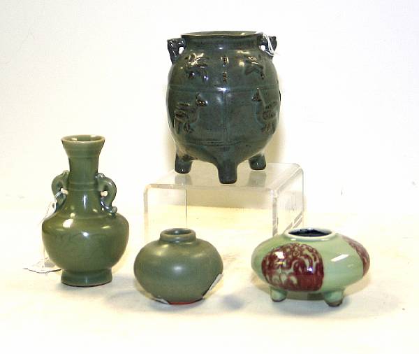 Appraisal: Three celadon glazed ceramics Including a Yuan Ming miniature trade