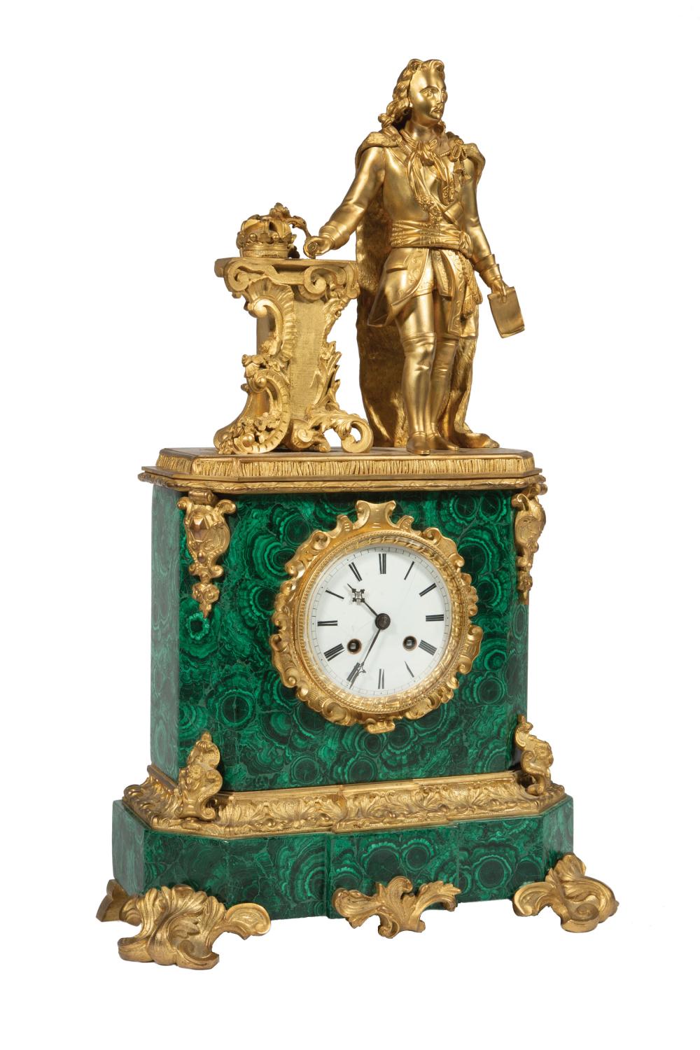 Appraisal: Napoleon III Gilt Bronze-Mounted and Malachite Figural Mantel Clock th