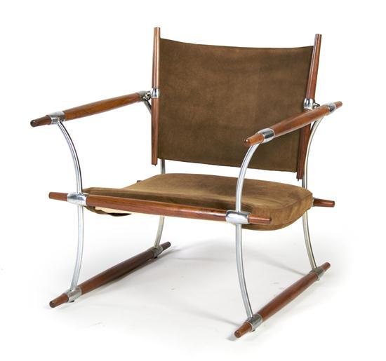 Appraisal: Danish Aluminum Teak and Suede Open Armchair Nissen Langaa of