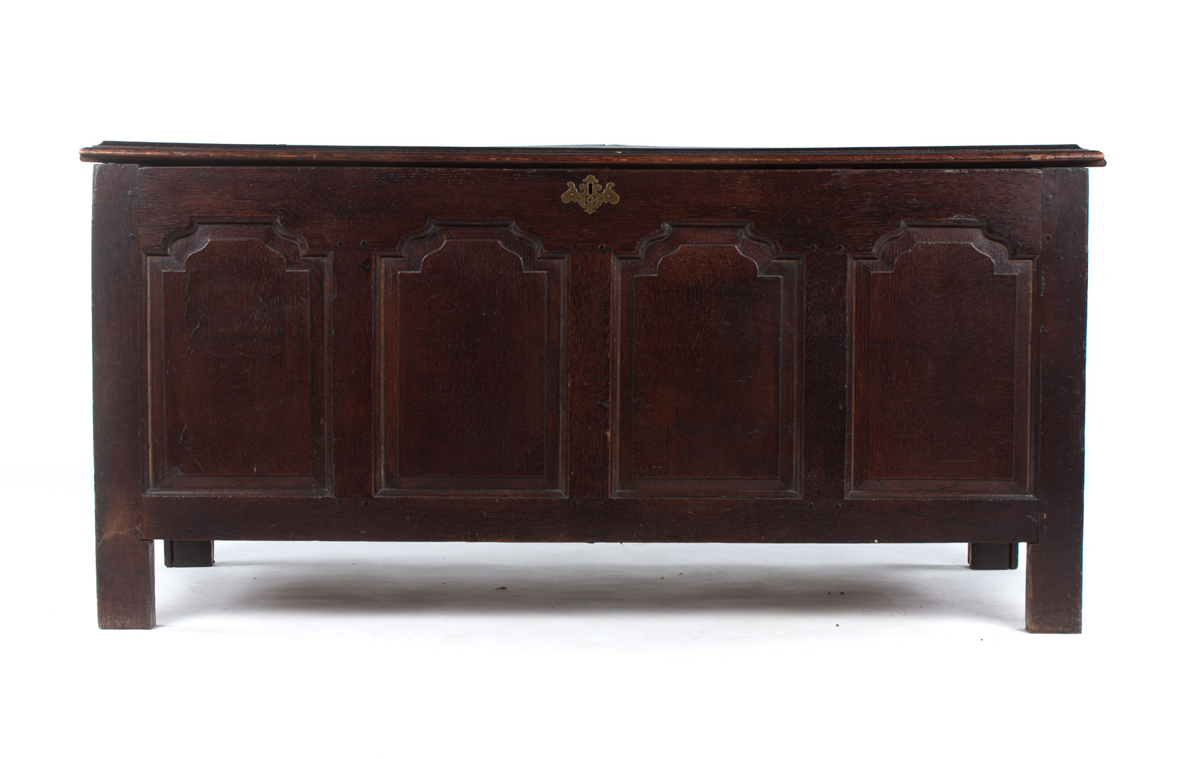 Appraisal: English vernacular carved oak chest th century compartment with paneled