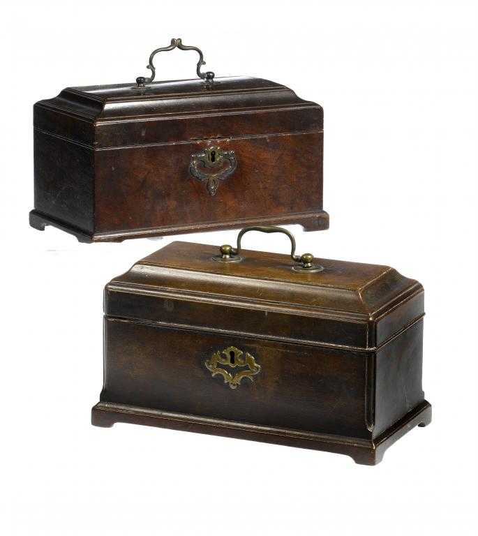 Appraisal: TWO GEORGE III MAHOGANY TEA CADDIES each with moulded cavetto