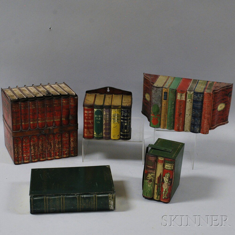 Appraisal: Five Book-form Biscuit Tins three Huntley Palmers one Burroughs Wellcome