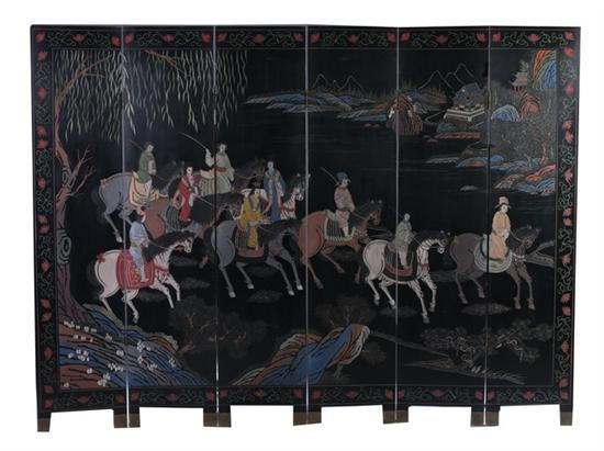 Appraisal: CHINESE SIX-FOLD WOOD SCREEN Figural decoration - Each panel in