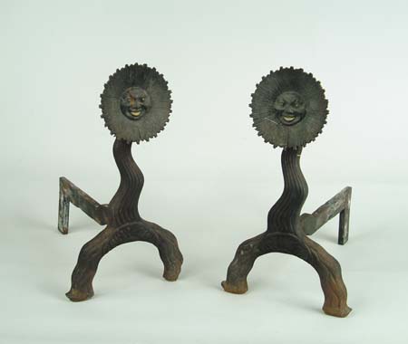 Appraisal: PAIR OF EARLY SUNBURST CAST IRON ANDIRONS With removable dogs