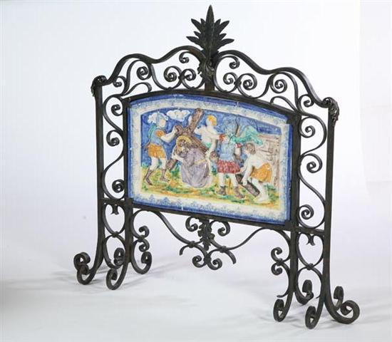 Appraisal: MAJOLICA SCREEN English nd half- th century Ornate ironwork frame