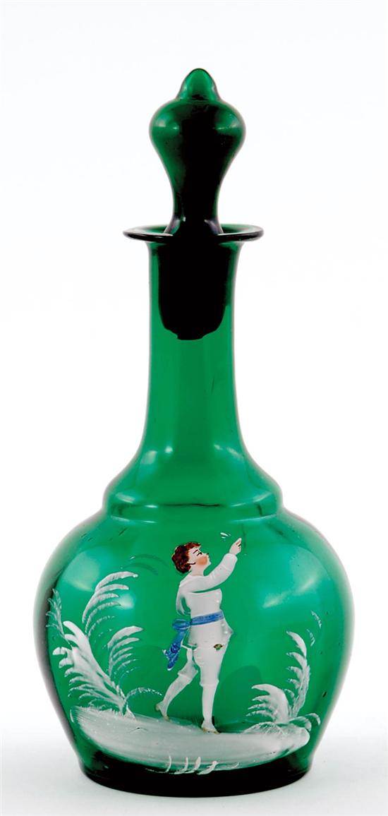 Appraisal: Mary Gregory green glass decanter colored enamel-painted green glass bottle