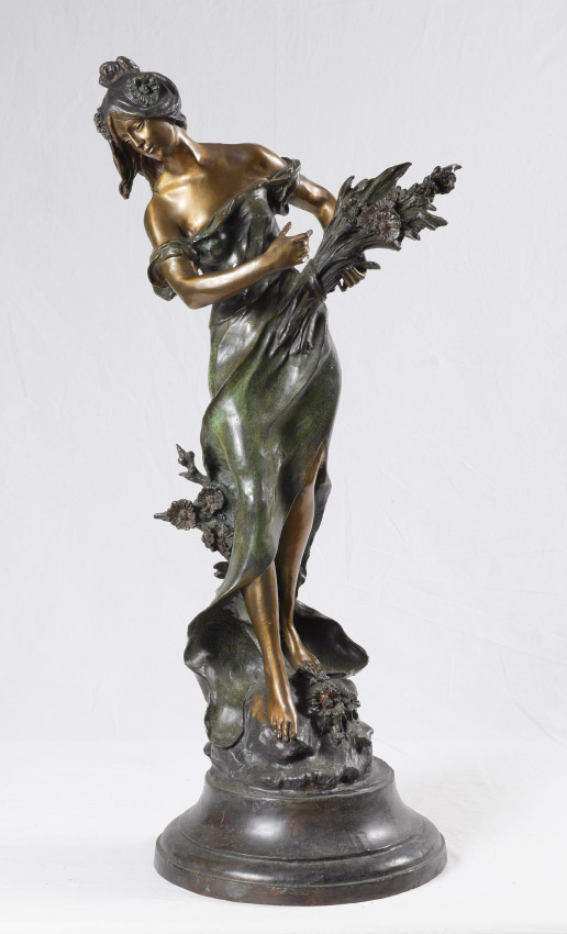 Appraisal: AFTER AUGUSTE MOREAU BRONZE MAIDEN WITH FLOWERS Second half th