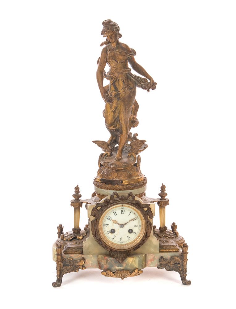 Appraisal: Victorian Cast Metal and Marble Statue Clock Victorian Cast Metal