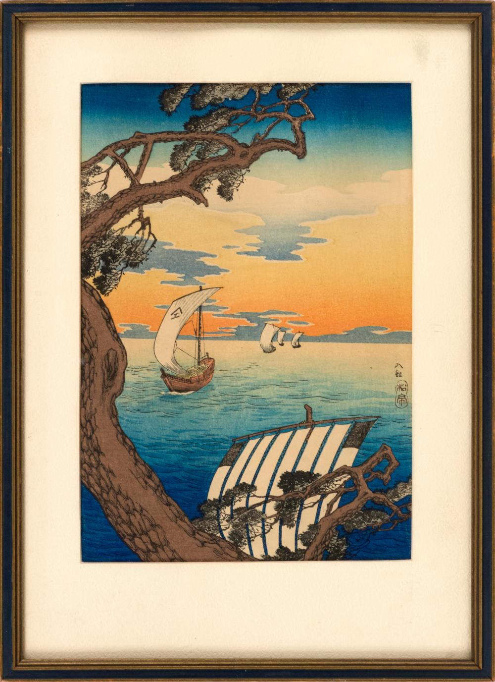 Appraisal: TAKAHASHI SHOTEI JAPAN - COMING SHIPS WOODBLOCK PRINT CHUBAN X