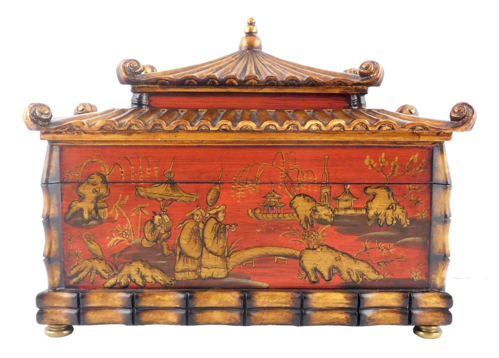 Appraisal: Chinoiserie decorated hinged lid box with pagoda roof lid modern