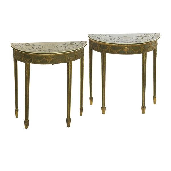 Appraisal: ENGLISH CONSOLE TABLES Pair of demilune side tables with swag