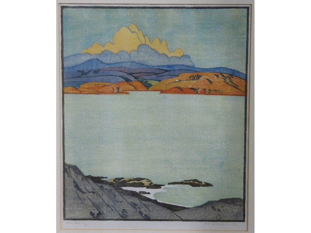 Appraisal: ARABELLA L RANKIN Woodcut 'Afterglow on Mull' signed and entitled