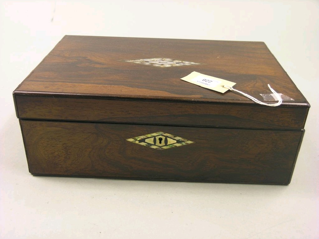 Appraisal: A Victorian rosewood box the top inlaid with a mother