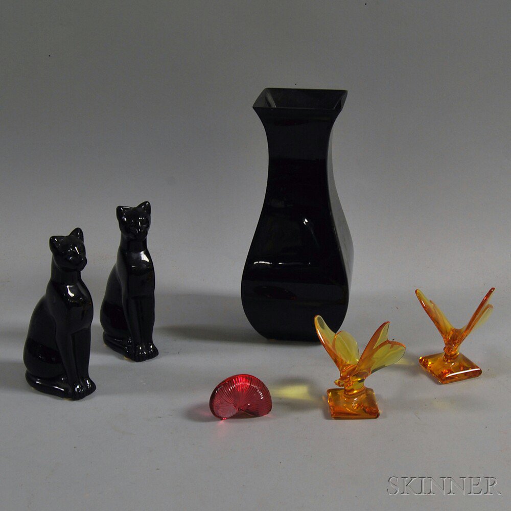 Appraisal: Six Pieces of Colored Baccarat Glass a black vase a